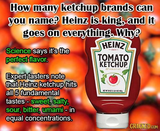 How many ketchup brands can you name? Heinz is king, and it goes on everything. Why? HEINZ Science says it's the 80 perfect flavor. TOMATO KETCHUP SZR