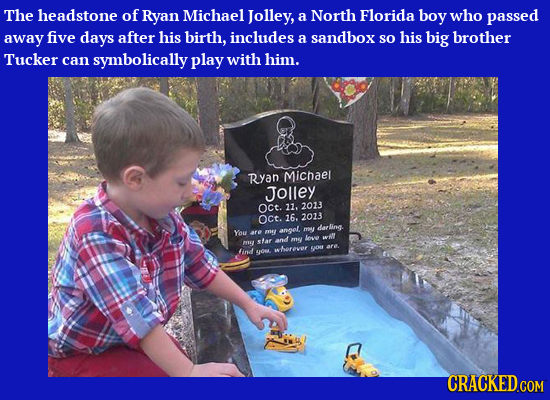 The headstone of Ryan Michael Jolley, a North Florida boy who passed away five days after his birth, includes a sandbox so his big brother Tucker can