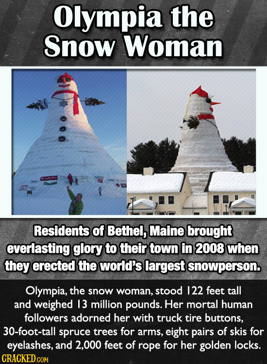 Olympia the Snow Woman Residents of Bethel, Maine brought everlasting glory to their town in 2008 when they erected the world's largest snowperson. Ol
