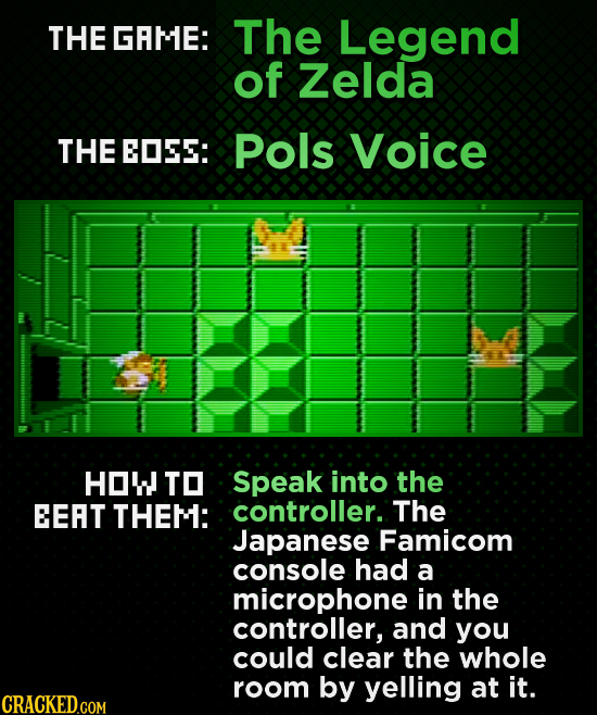 THE GAME: The Legend of Zelda THE EOES: Pols Voice HOW TO Speak into the EEAT THEM: controller. The Japanese Famicom console had a microphone in the c