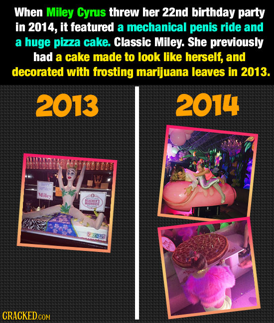 When Miley Cyrus threw her 22nd birthday party in 2014, it featured a mechanical penis ride and a huge pizza cake. Classic Miley. She previously had a