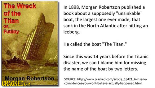 The Wreck In 1898, Morgan Robertson published a of the book about a supposedly unsinkable Titan boat, the largest one ever made, that 06 sank in the