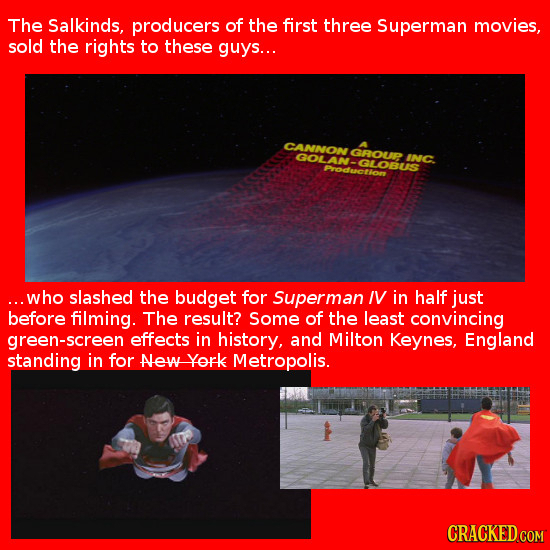 The Salkinds. producers of the first three Superman movies. sold the rights to these guys... CANNONGROUP INC Poduotion ...who slashed the budget for S
