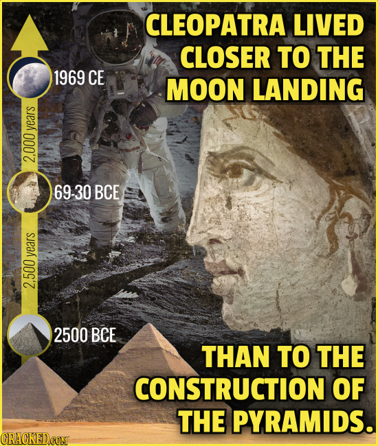 CLEOPATRA LIVED CLOSER TO THE 1969 CE MOON LANDING years 2.000 69-30 BCE years 2.500 2500 BCE THAN TO THE CONSTRUCTION OF THE PYRAMIDS. CRACKEDCOMT