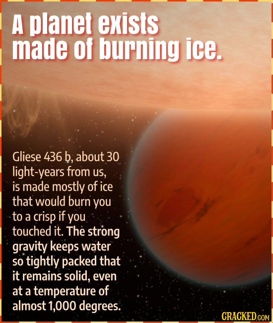 A planet exists made of burning ice. Gliese 436 b, about 30 light-years from us, is made mostly of ice that would burn you to a crisp if you touched i