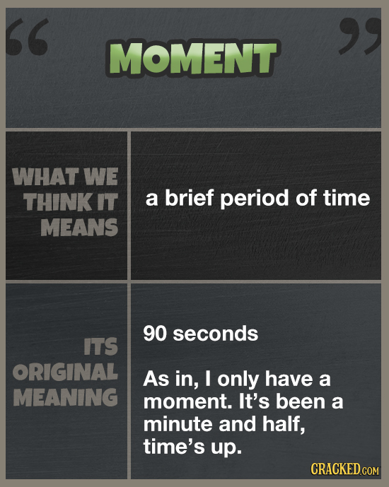 MOMENT WHAT WE THINK IT a brief period of time MEANS 90 seconds ITS ORIGINAL As in, I only have a MEANING moment. It's been a minute and half, tim