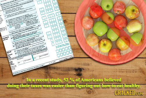 8E 880O 0080 EEEEEDB DODD nonon In 52 of a recent study, % Americans believed doing their taxes wass easier than figuring out how to eat healthy CRACK
