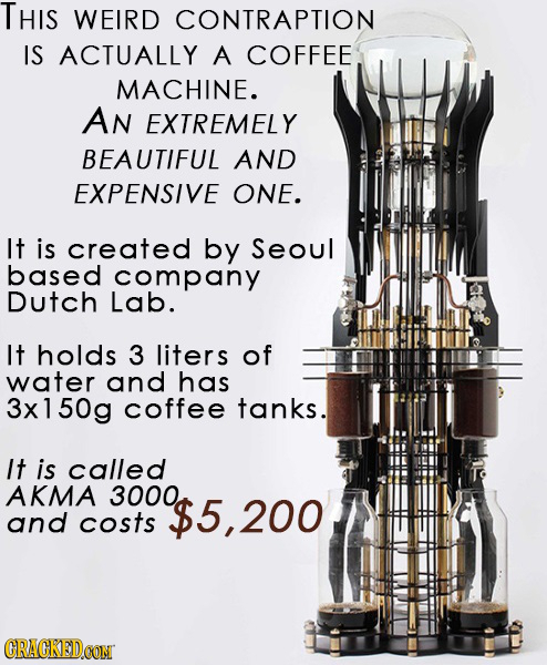 THIS WEIRD CONTRAPTION IS ACTUALLY A COFFEE MACHINE. AN EXTREMELY BEAUTIFUL AND EXPENSIVE ONE. It is created by Seoul based company Dutch Lab. It hold