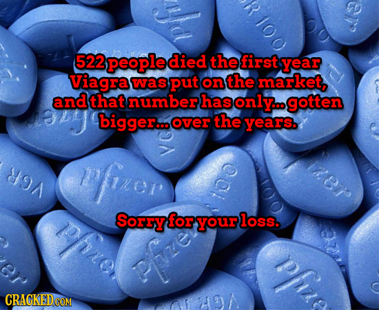 100 d 522 peopled died the first year Viagra was put on the market, and that number hasonly...gotten bigger... over the years. 89A pfrer phaner Sorry 