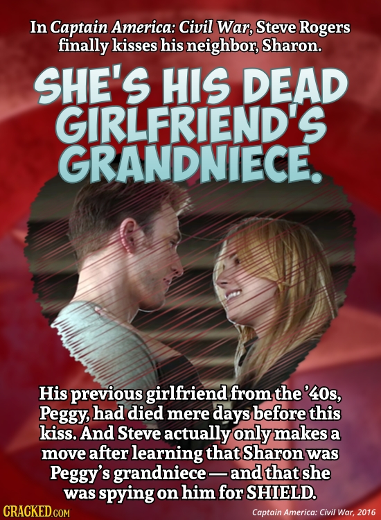 In Captain America: Civil War, Steve Rogers finally kisses his neighbor, Sharon. SHE'S HIS DEAD GIRLFRIEND'S GRANDNIECE. His previous girlfriend from