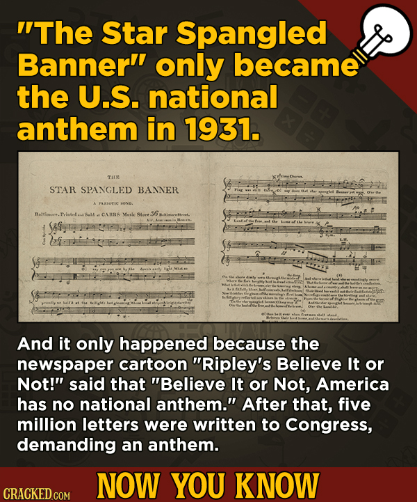 13 Little Things You Didn’t Know About Movies And A Bunch Of Other Subjects - The Star Spangled Banner only became the U.S. national anthem in 1931.