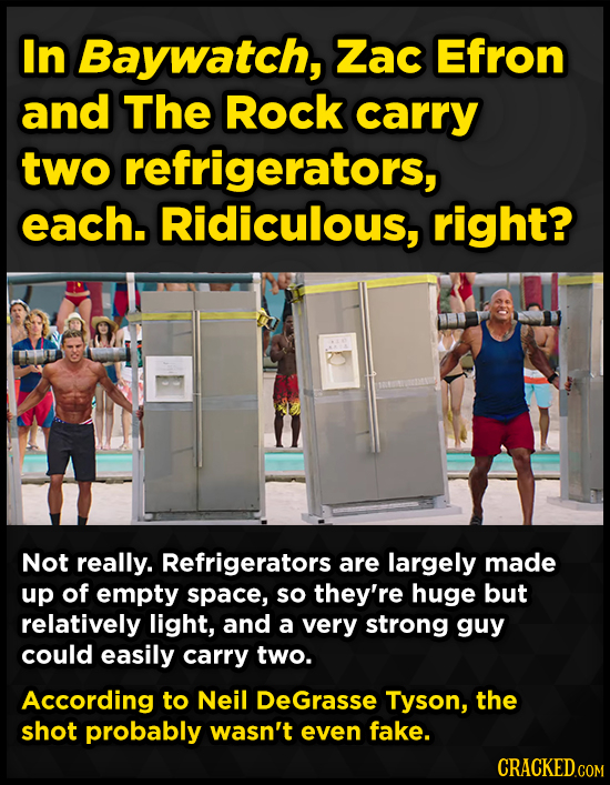 In Baywatch, Zac Efron and The Rock carry two refrigerators, each. Ridiculous, right? Not really. Refrigerators are largely made up of empty space, so