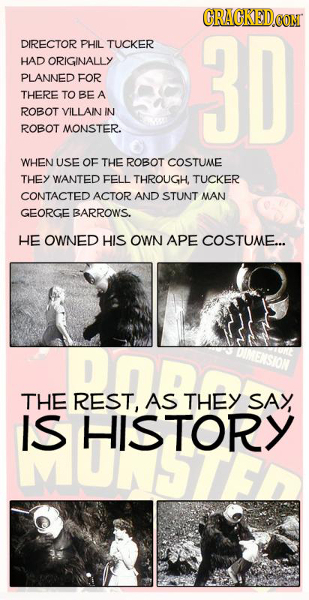 CRAGKED CONT DIRECTOR PHIL TUCKER HAD ORIGINALLY 3D PLANNED FOR THERE TO BE A ROBOT VILLAIN IN ROBOT MONSTER. WHEN USE OF THE ROBOT COSTUME THEY WANTE
