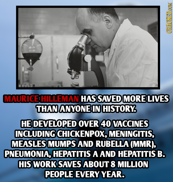 CRACKEDOON MAURICE HILLEMAN HAS SAVED MORE LIVES THAN ANYONE IN HISTORY. HE DEVELOPED OVER 40 VACCINES INCLUDING CHICKENPOX, MENINGITIS, MEASLES MUMPS