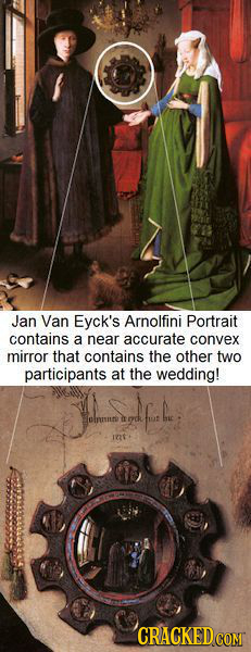 Jan Van Eyck's Arnolfini Portrait contains a near accurate convex mirror that contains the other two participants at the wedding! Sinsr n