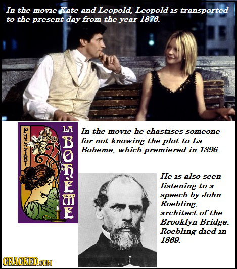 In the movie Kate and Leopold, Leopold is transported to the present day from the year 1876. RDUtr LA In the movie he chastises someone for not knowin