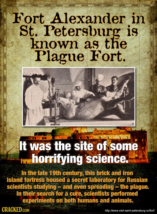 Fort Alexander in St. Petersburg is known as the Plague Fort. It was the site of some horrifying science. In the late 19th century, this brick and iro