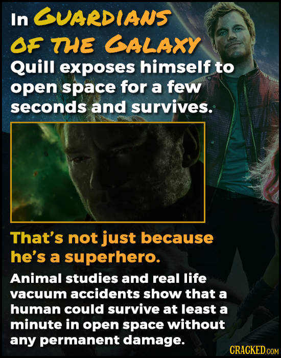In GUARDIANS OF THE GALAXY Quill exposes himself to open space for a few seconds and survives. That's not just because he's a superhero. Animal studie