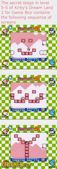 The secret stage in level 5-5 of Kirby's Dream Land 2 for Game Boy contains the following sequence of screens ROHEI oe 00-0 PODEL GRACKEDCON