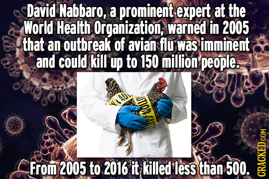 David Nabbaro, a prominent expert at the World Health Organization, warned in 2005 that an outbreak of avian flu was imminent and could kill up to 150
