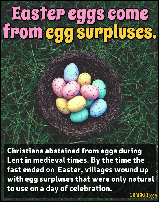 Easter eggs come from egg surpluses. Christians abstained from eggs during Lent in medieval times. By the time the fast ended on Easter, villages woun
