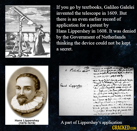 If you go by textbooks, Galileo Galelei invented the telescope in 1609. But there is an even earlier record of application for a patent by Hans Lipper