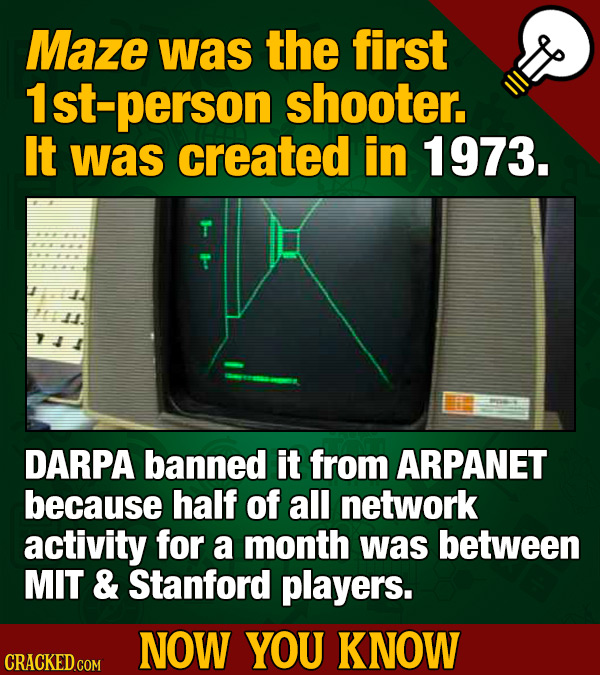 Maze was the first St-person shooter. It was created in 1973. DARPA banned it from ARPANET because half of all network activity for a month was betwee