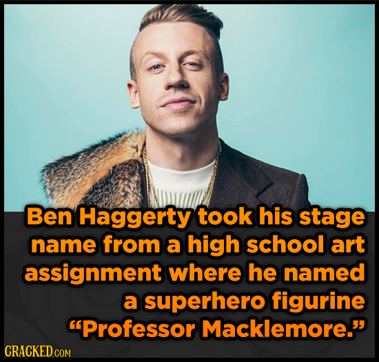 Ben Haggerty took his stage name from a high school art assignment where he named a superhero figurine Professor Macklemore. CRACKEDCON