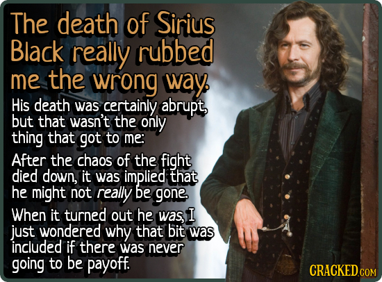 The death of Sirius Black really rubbed me the wrong way. His death was certainly abrupt, but that wasn't the only thing that got to me: After the cha