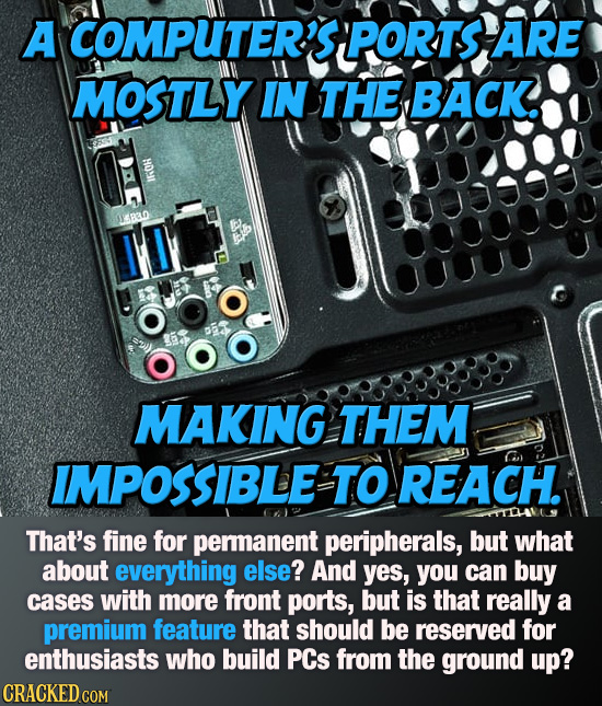 A COMPUTERIS 'PORTS ARE MOSTLY IN THE BACK. 90009 000000 MAKING THEM IMPOSSIBLE TO REACH That's fine for permanent peripherals, but what about everyth
