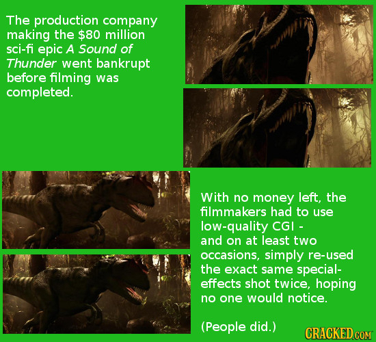 The production company making the $80 million sci-fi epic A Sound of Thunder went bankrupt before filming was completed. With no money left, the filmm
