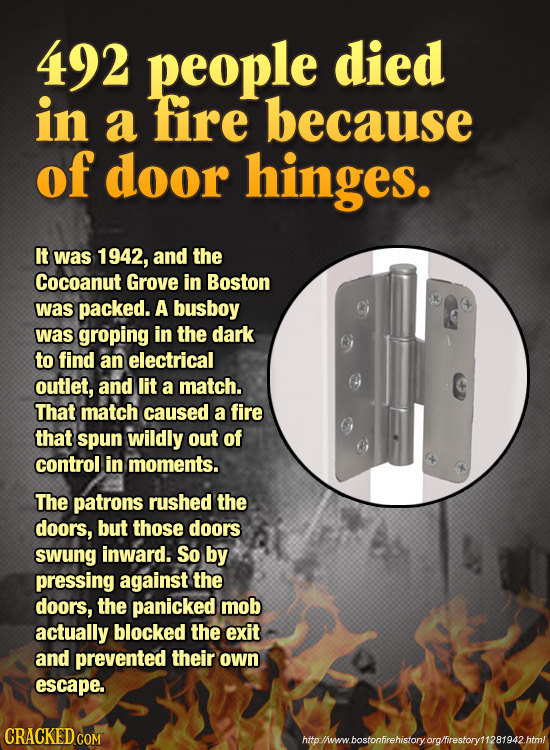 492 people died in a fire because of door hinges. It was 1942, and the Cocoanut Grove in Boston was packed. A busboy was groping in the dark to find a