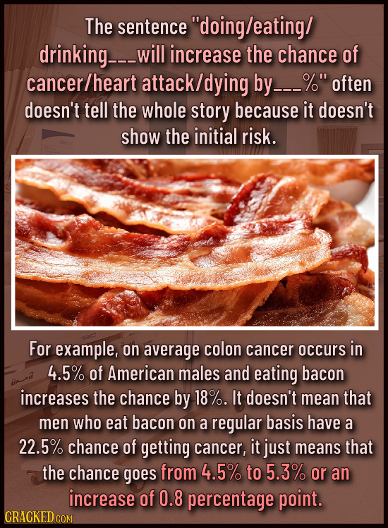 The sentence doing/eating/ drinking--_V will increase the chance of cancer/heart attack/dying by--_% often doesn't tell the whole story because it d