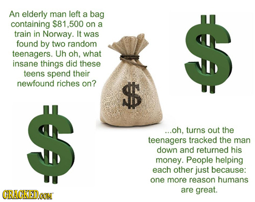 An elderly man left a bag containing $81.500 on a train in Norway. It was found by two random teenagers. Uh oh, what insane things did these teens spe