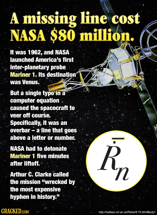 A missing line cost NASA $80 million. It was 1962, and NASA launched America's first inter-planetary probe Mariner 1. Its destination was Venus. But a