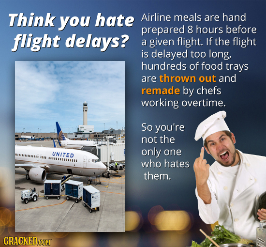 Think you hate Airline meals are hand prepared 8 hours before flight delays? a given flight. If the flight is delayed too long, hundreds of food trays