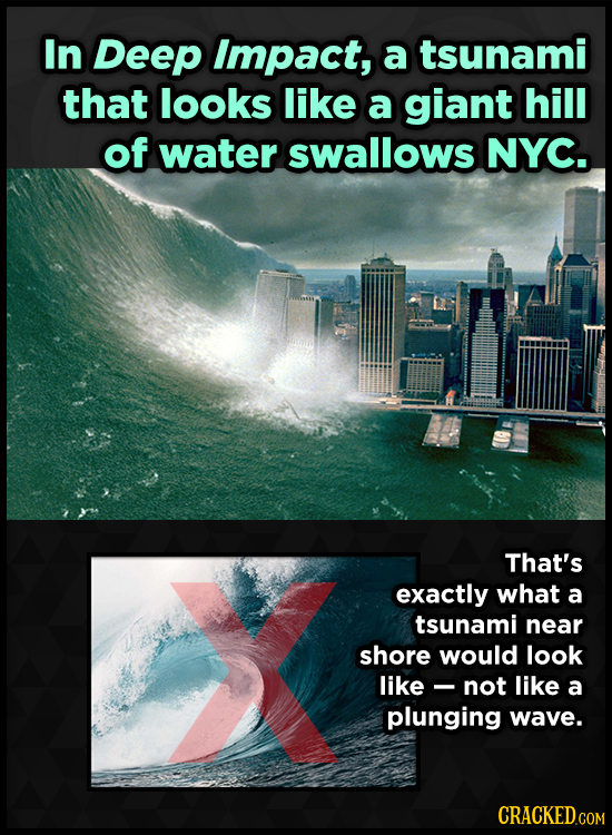 In Deep Impact, a tsunami that looks like a giant hill of water swallows NYC. That's exactly what a tsunami near shore would look like- not like a plu