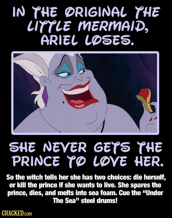 Still image of Ursula from The Little Mermaid holding a rose with the text 'in the original the little mermaid Ariel loses. She never gets the price.'