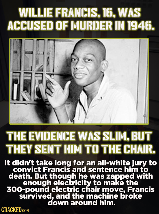 WILLIE FRANCIS, 16, WAS ACCUSED OF MURDER IN 1946. THE EVIDENCE WAS SLIM, BUT THEY SENT HIM TO THE CHAIR. It didn't take long for an all-white jury to