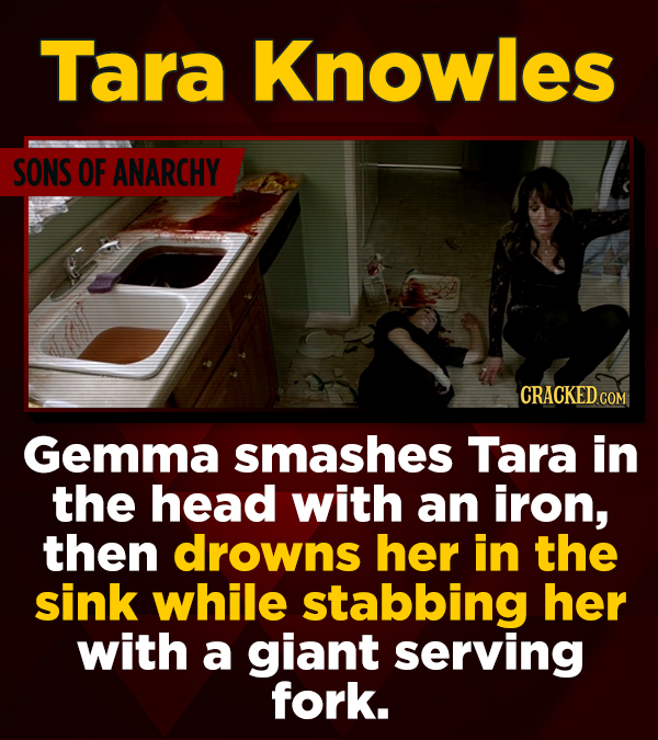 Tara Knowles SONS OF ANARCHY CRACKED COM Gemma smashes Tara in the head with an iron, then drowns her in the sink while stabbing her with a giant serv