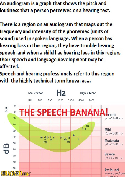 An audiogram is a graph that shows the pitch and loudness that a person perceives on a hearing test. There is a region on an audiogram that maps out t
