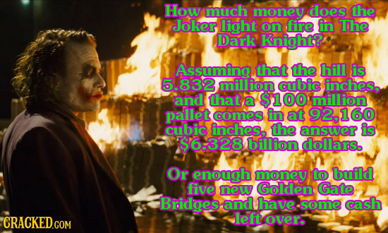 How much money does the Joker light on fire in The Dark Knight? Assuming that the hill is 5.832 million cubic inches, and that a $100 million pallet c