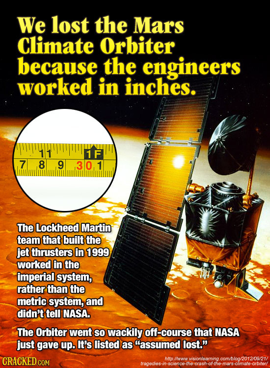We lost the Mars Climate Orbiter because the engineers worked in inches. 11 1F 789301 The Lockheed Martin team that built the jet thrusters in 1999 wo