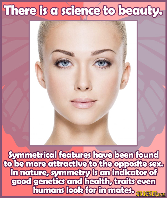 There is a science to beauty. Symmetrical features have been found to be more attractive to the opposite Sex. In nature, symmetry is an indicator of g