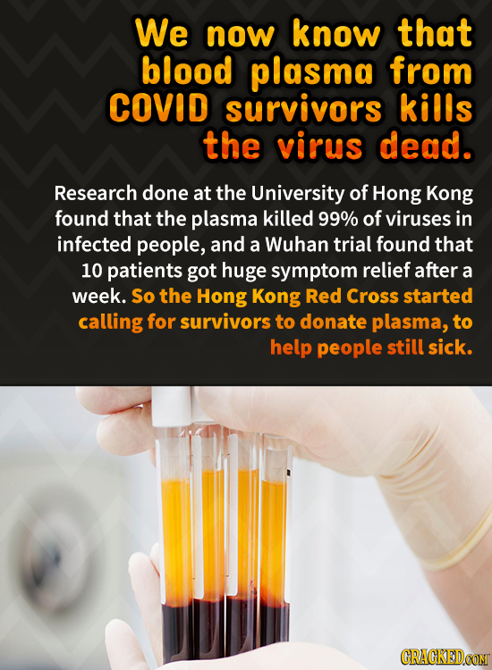 We now know that blood plasmo from COVID survivors kills the virus dead. Research done at the University of Hong Kong found that the plasma killed 99%