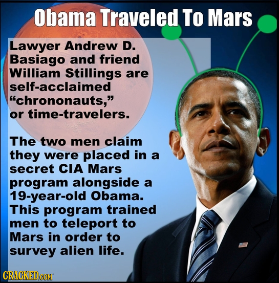 Obama Traveled To Mars Lawyer Andrew D. Basiago and friend William Stillings are self-acclaimed chrononauts, or time-travelers. The two men claim th