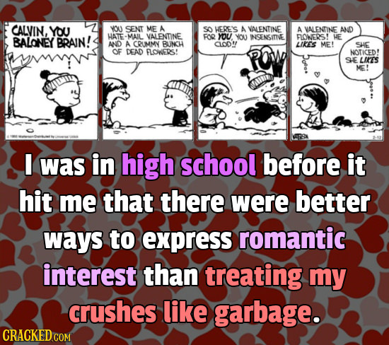 CALVIN, YOU YOU SENT ME A SO HERE'S AVALENTINE A VALENTINE AND BALONEY BRAIN! HATE -MAIL VALENTINE FOQ YOU YOU INSENSITIVE BOWERS! HE AND A CRUMMY BUN