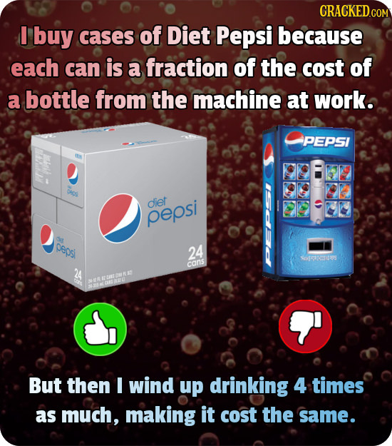 CRACKED.COM I buy cases of Diet Pepsi because each can is a fraction of the cost of a bottle from the machine at work. PEPSI 1160150 DOS diet pepsi pe