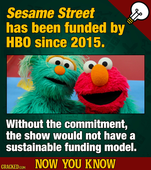 Sesame Street has been funded by HBO since 2015. Without the commitment, the show would not have a sustainable funding model. NOW YOU KNOW