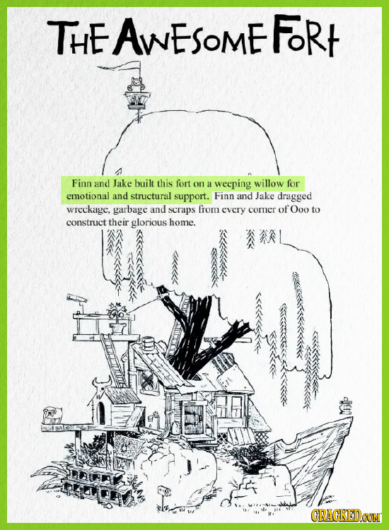THE AwESoME FoRt Finn and Jake built this fort on a weeping willow for emotional and structural support. Finn and Jake dragged wreckage, garbage and s